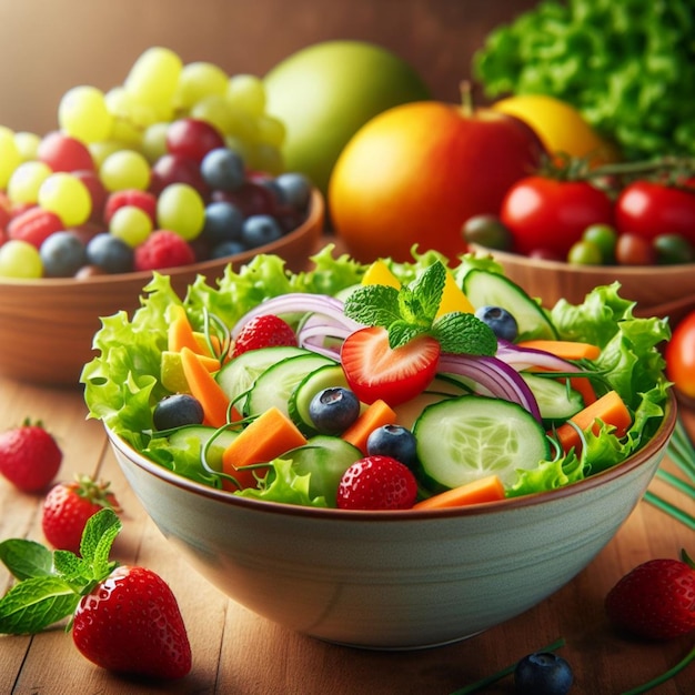 Salad and fruit realistic photo
