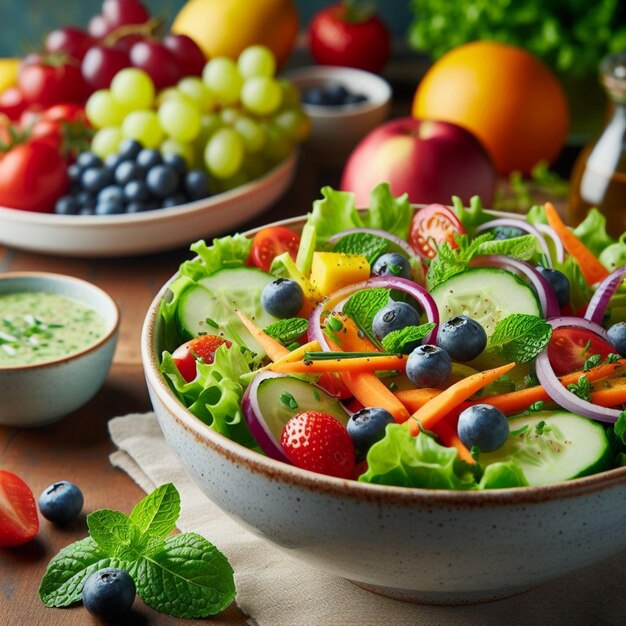 Salad and fruit realistic photo