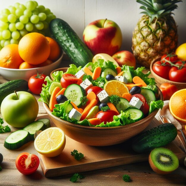 Salad and fruit realistic photo