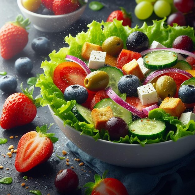 Salad and fruit realistic photo