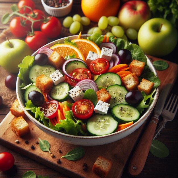 Salad and fruit realistic photo