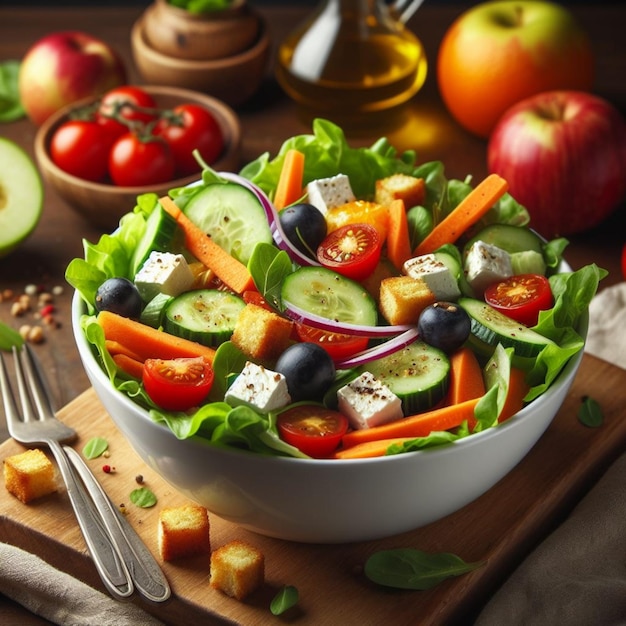Salad and fruit realistic photo