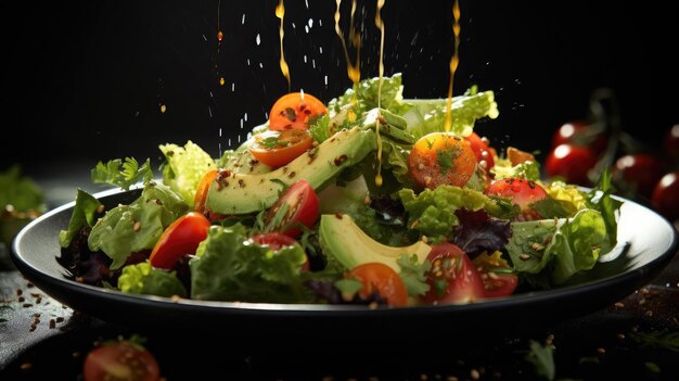 salad full of vegetables fruit and pieces of boiled egg on a blur background