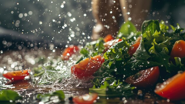 Photo salad ingredients after falling with splashes of water