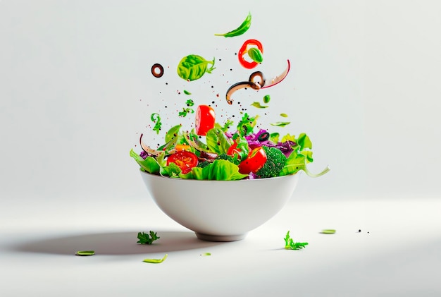 Foto insalata, lattuga, pomodori, olive, cipolle gettate da una ciotola bianca isolata su uno sfondo bianco