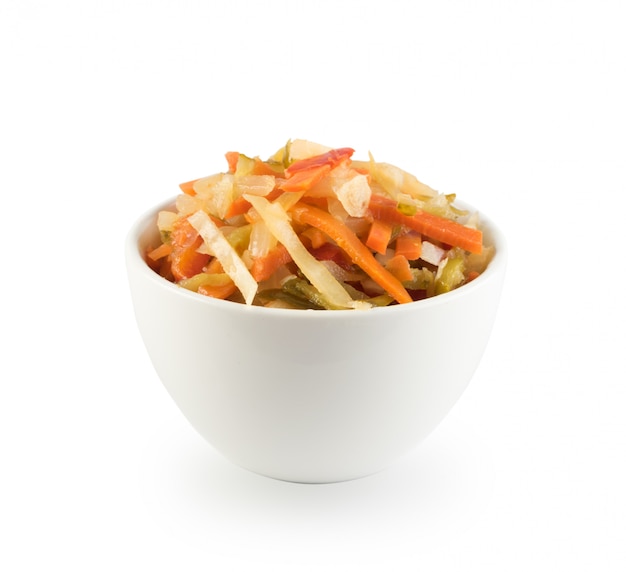 Salad Made of Chopped Pickled Vegetables Mixed with Oil and Vinegar. Healthy Fermented Food Isolated Top View