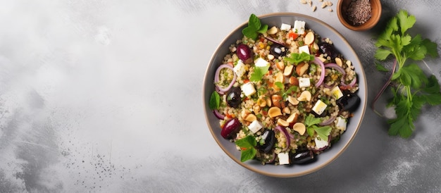 A salad made with aubergine couscous feta cheese black olives and pistachios photographed