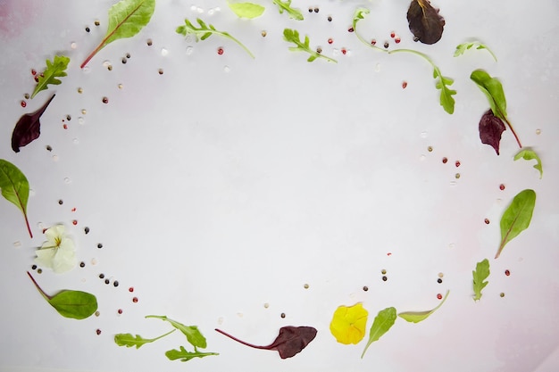 Insalata mix cornice naturale bietole fresche rucola tori sangue rukkola fiori e grani di pepe decorazione erbe naturali organico cucina sana concetto sfondo alimentare copia spazio cibo sano mangiare