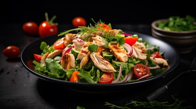 Фото Салат из свежих овощей и курицы на тарелке