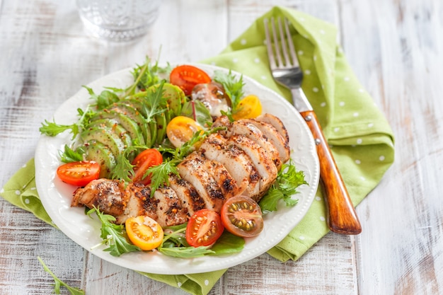 Salad plate with colorful tomatoes, chicken breast, and avocado