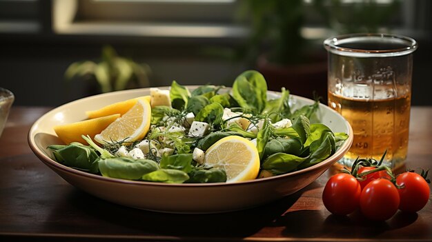 Salad on a plate on wooden table