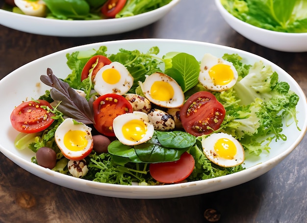 salad quail egg tomato mix leaves vegetable healthy meal vegan or vegetarian food