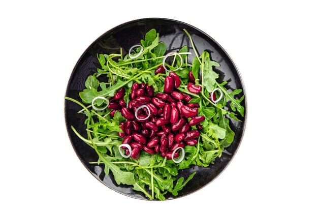 写真 サラダ 赤い豆 豆類 スナック アルグーラ 緑のレタスの葉 アペティザー 食事 テーブルのコピースペース