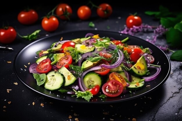 salad salad with cucumbers and tomatoes on dark surface