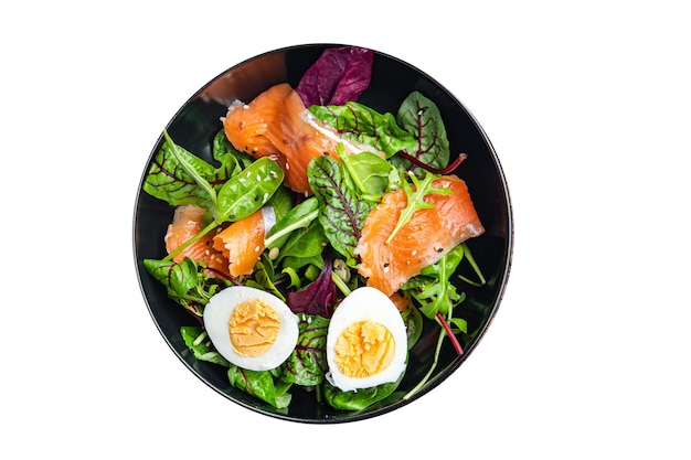 salad salmon egg green leaves lettuce fresh portion healthy meal food diet snack on the table
