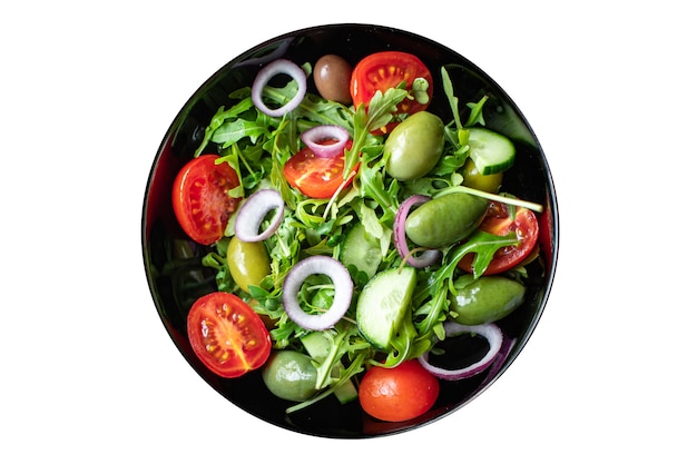 Salad vegetable olives tomato cucumber lettuce mix leaves snack meal