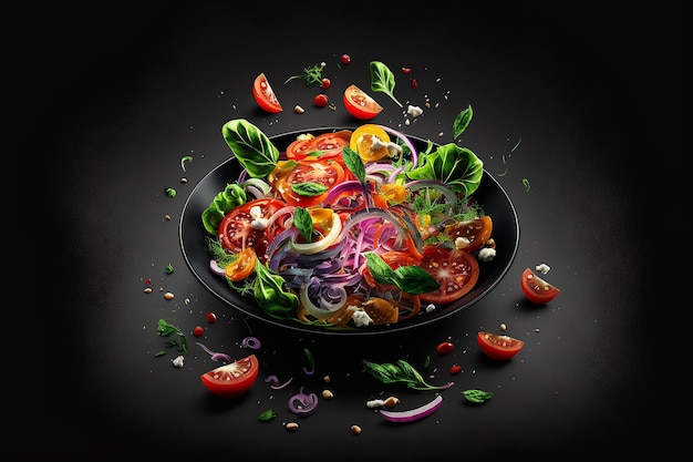 Salad vegetable studio photo of products dark black background Generative AI