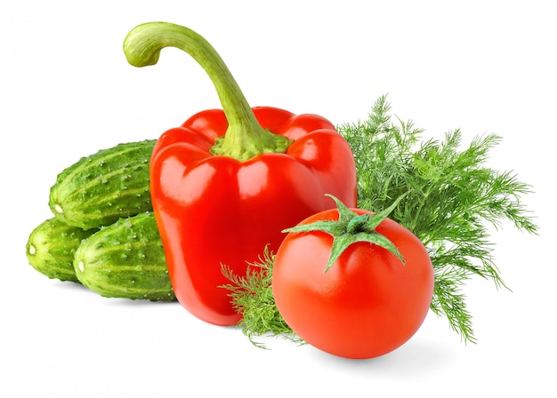 Salad vegetables tomato, pepper, cucumbers, dill isolated