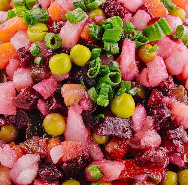 Salad vinaigrette with boiled vegetables close up