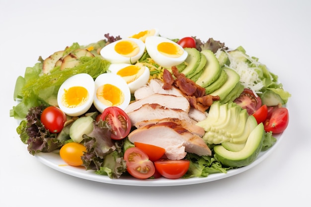 A salad with bacon, avocado, and eggs.