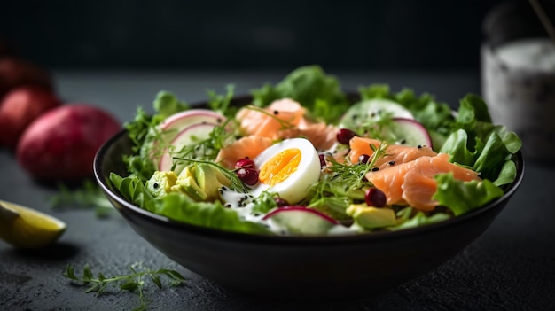 Salad with boiled egg tomatoes and spinach Juicy tamat and herbs on a fork Healthy dietary food Organic food closeup Generative Ai