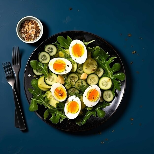 Photo salad with boiled eggs green onion and arugula in a blue plate on a black background top view