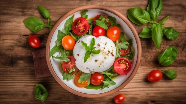 Photo salad with burrata cheese tomatoes and green basil