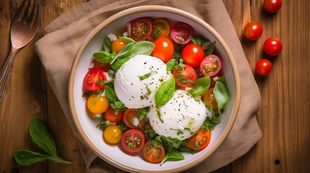 Photo salad with burrata cheese tomatoes and green basil