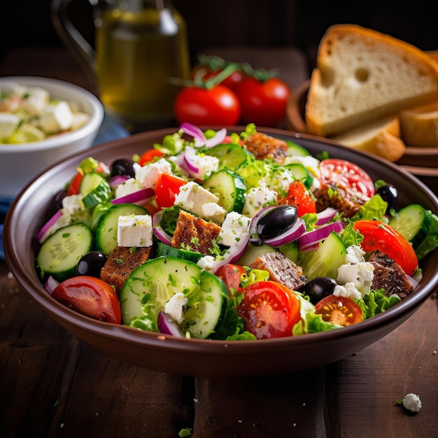 Photo salad with cheese and olives vegetable salad in a bowl