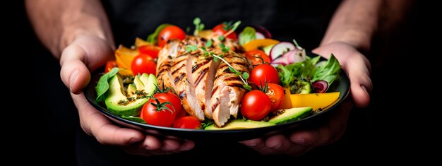 Salad with chicken avocado and tomatoes Selective focus