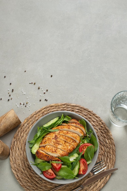 Salad with chicken breast and vegetables on a gray background Healthy food diet