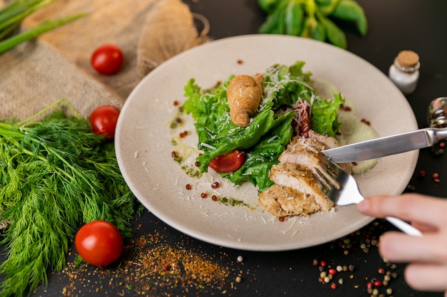 Salad with chicken, mozzarella and cherry tomatoes