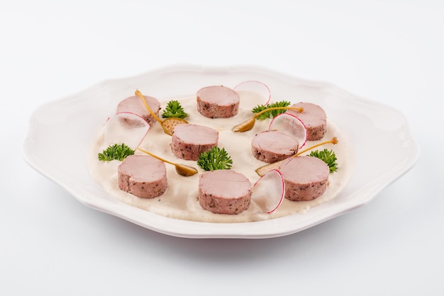 Salad with cream sauce and beef tongue