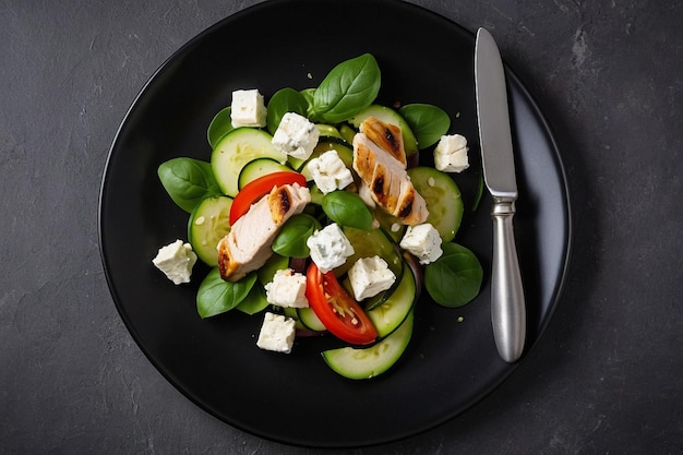 a salad with cucumber tomatoes and cheese on a black plate