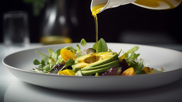 A salad with a dressing being poured over it