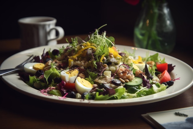 A salad with eggs and a cup of coffee on a table.