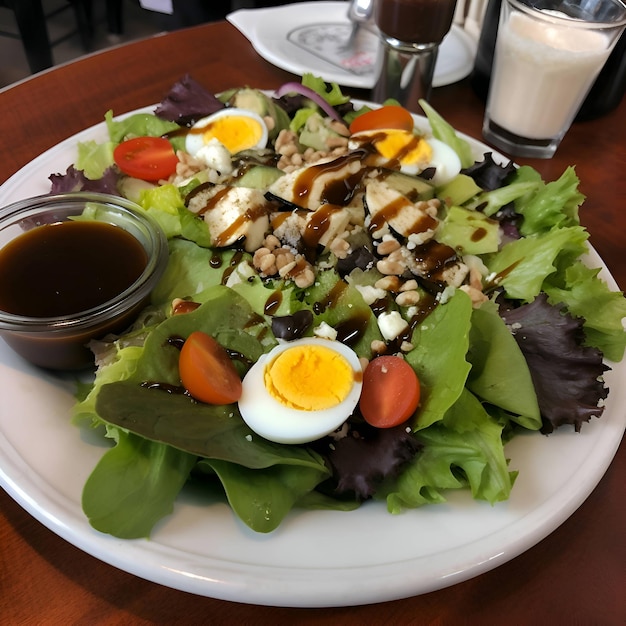 Salad with eggs and nuts on a plate in a restaurant