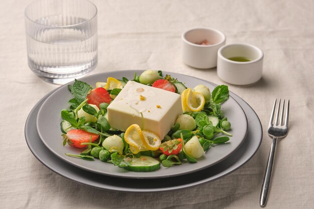 Photo salad with feta mint melon strawberries lemon and green peas fresh summer salad vegetarian salad