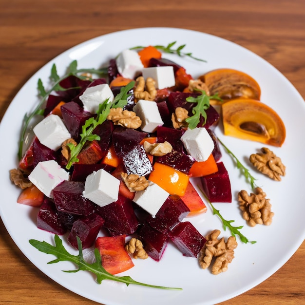 Salad with fresh tomatoes, beets, peppers, feta cheese, arugula, lettuce and persimmons on a wooden table