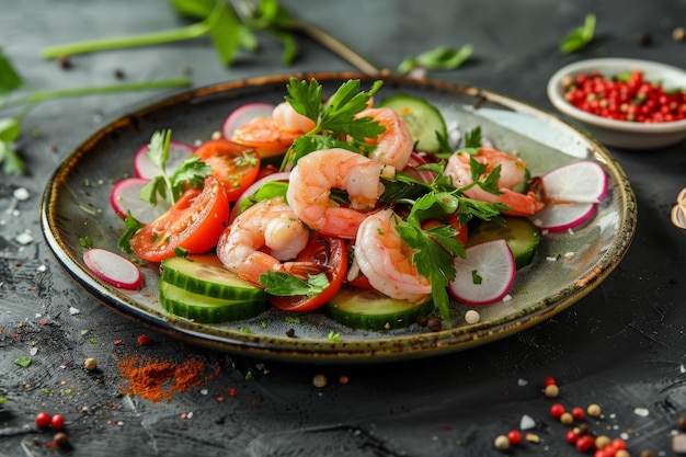 Foto insalata con verdure fresche e frutti di mare cetrioli pomodori gamberetti cibo sano e delizioso