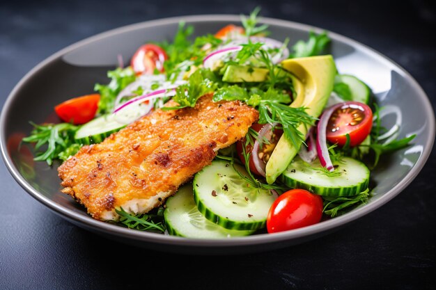 salad with fried fish avocado tomatoes cucumbers and herbs in woman hands