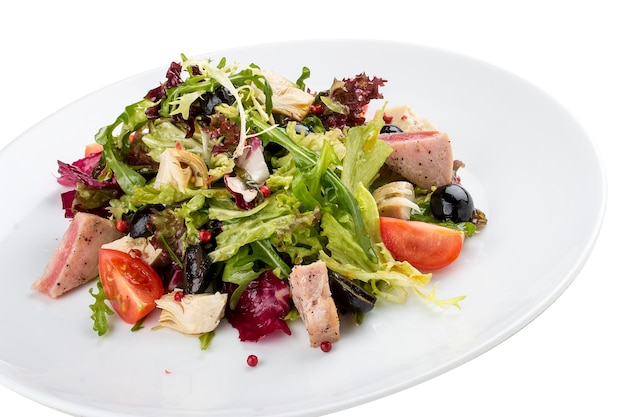 Salad with fried tuna and artichokes On white background