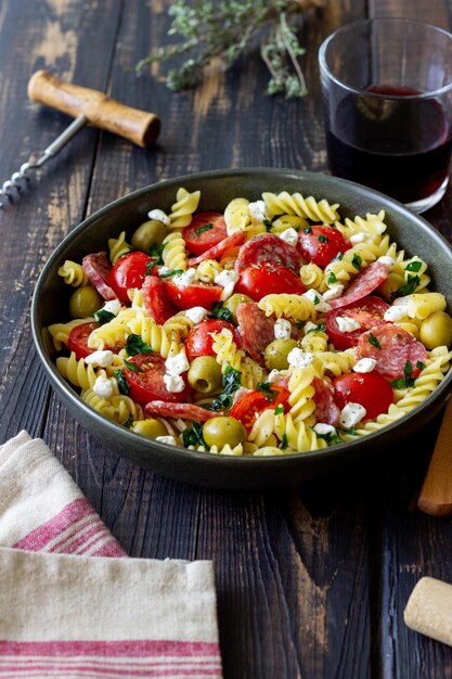 Salad with fusilli pasta sausage olives and cottage cheese\
italian food