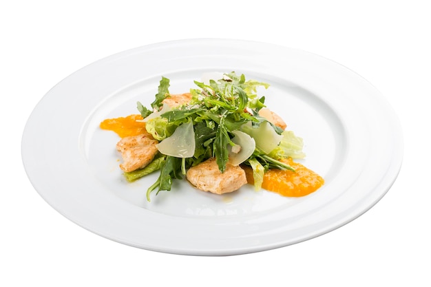 Salad with grilled chicken and almonds On a white background