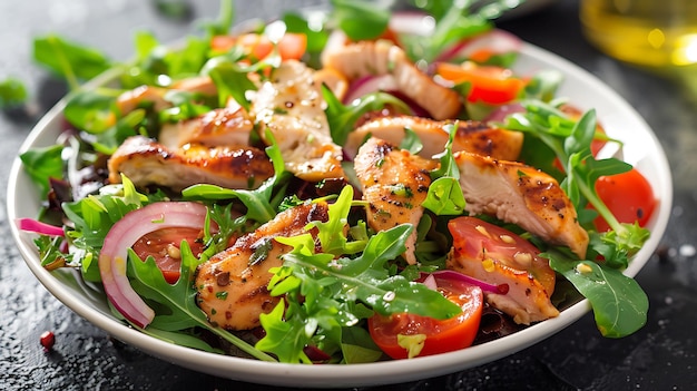 Salad with grilled chicken fillets and arugula closeup