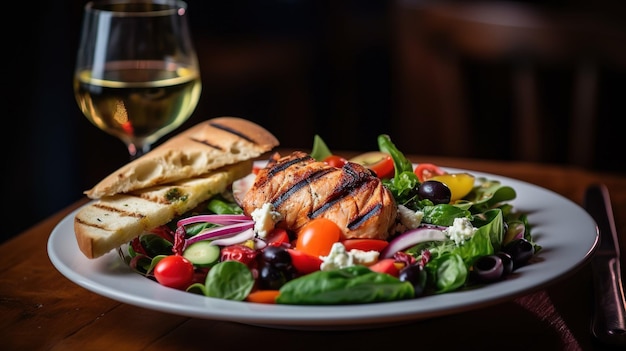 A salad with grilled salmon and a glass of wine