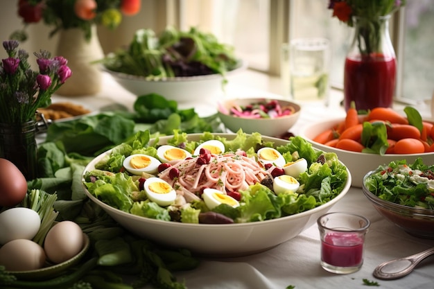 A salad with ham, egg, and pickled cucumber.