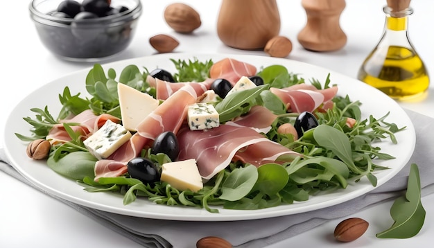 Salad with herbs arugula prosciutto cheeseolives and nuts