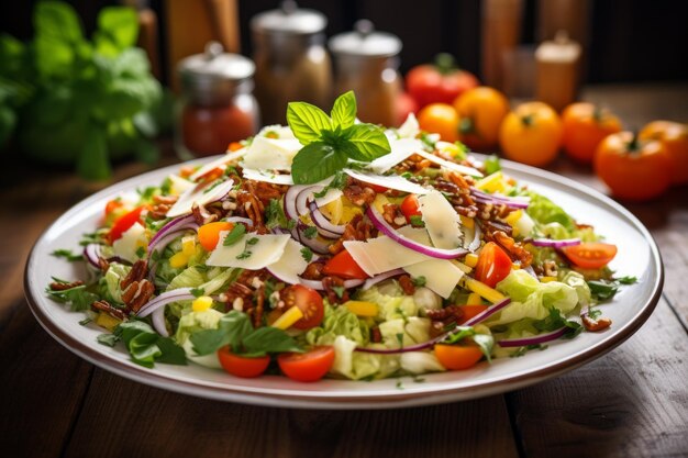 Photo salad with lettuce tomatoes onions and cheese