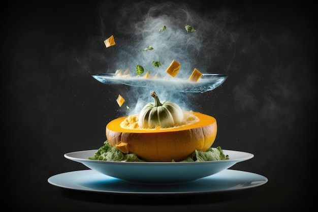 Salad with levitating pumpkin Digital art AI generation